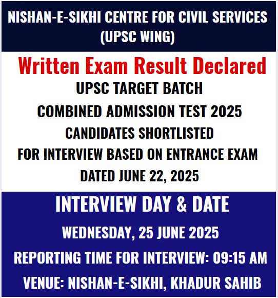 Result : UPSC Target Batch Combined Admission Test 2025 CANDIDATES SHORTLISTED FOR INTERVIEW