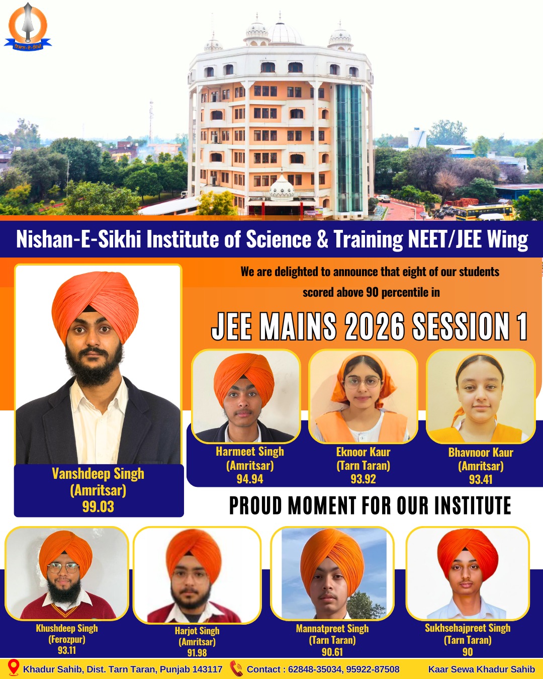 ਨੀਟ/ਜੇ.ਈ.ਈ ਵਿਭਾਗ ਦੇ ਜੇ.ਈ.ਈ. ਮੇਨ 2026 ਸੈਸਨ –1 ਵਿੱਚ ਸ਼ਾਨਦਾਰ ਨਤੀਜੇ